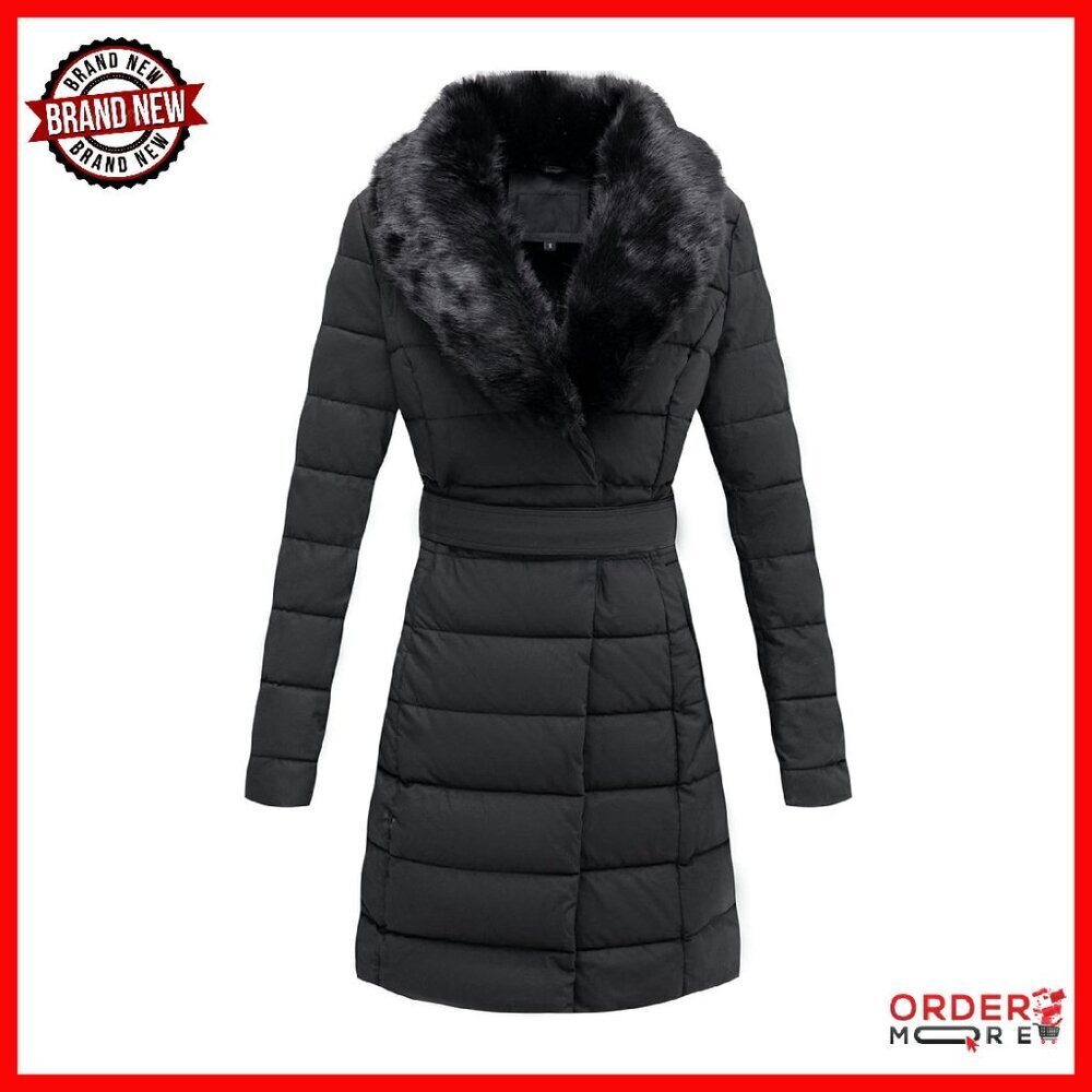 Women's Winter Puffer Jacket with Removable Fur Collar and Belt